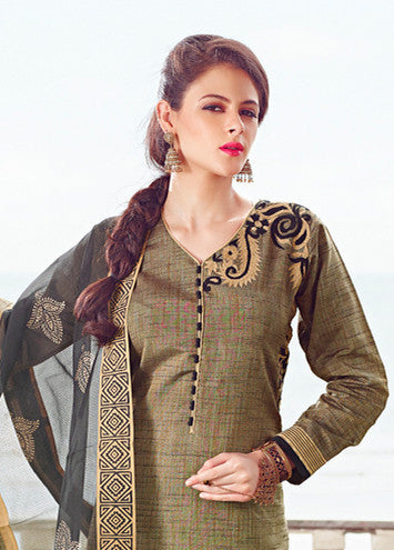 Adorable Green And BlackChanderi Cotton Silk Designer Salwar kameez