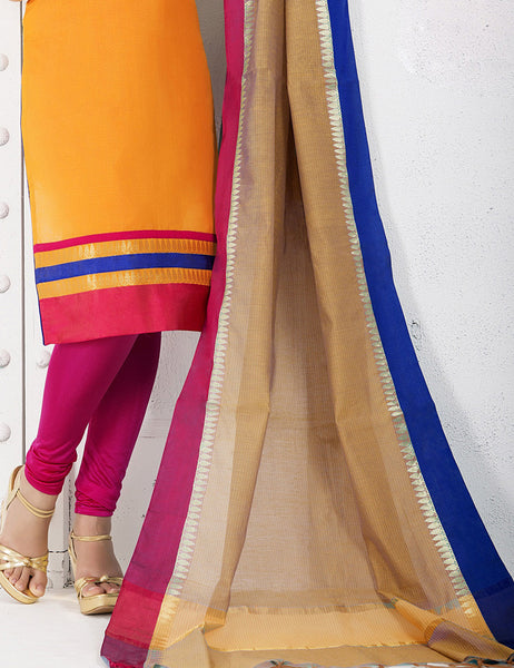 Orange N Pink Colored Chanderi Cotton Readymade Suit