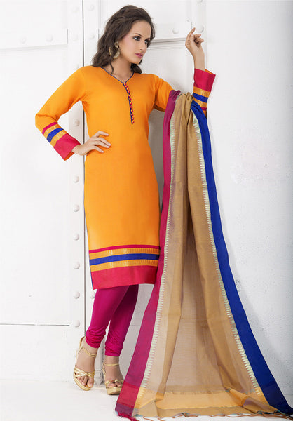 Orange N Pink Colored Chanderi Cotton Readymade Suit