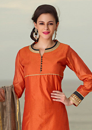 Adorable Orange Black Chanderi Cotton Silk Designer Salwar kameez