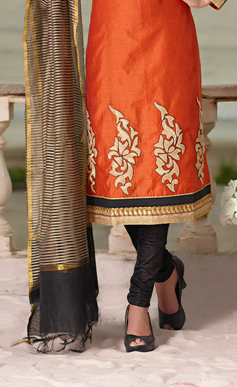 Adorable Orange Black Chanderi Cotton Silk Designer Salwar kameez