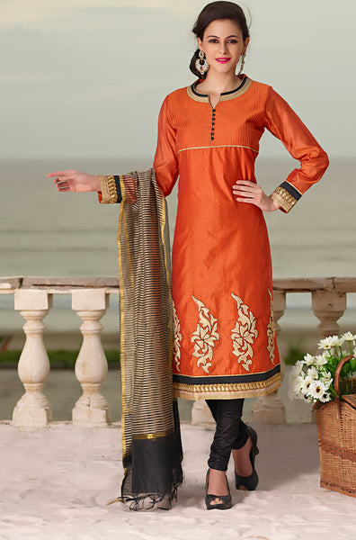 Adorable Orange Black Chanderi Cotton Silk Designer Salwar kameez