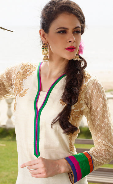 Adorable Off White BlueChanderi Cotton Silk Designer Salwar kameez