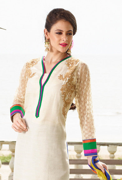 Adorable Off White BlueChanderi Cotton Silk Designer Salwar kameez