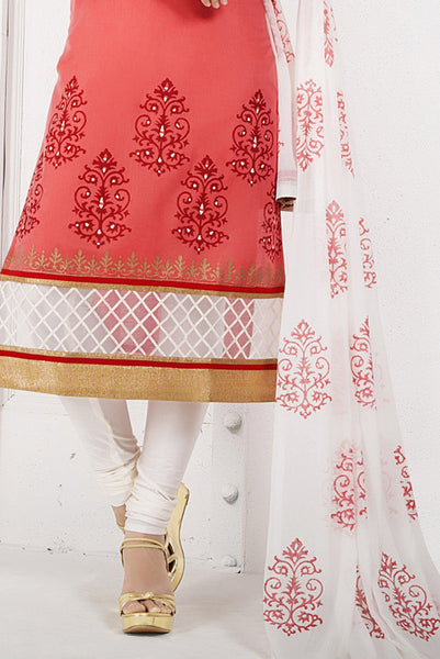 Dark Peach N White Colored Chanderi Cotton Readymade Suit