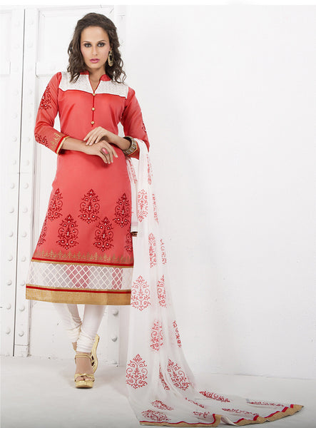 Dark Peach N White Colored Chanderi Cotton Readymade Suit