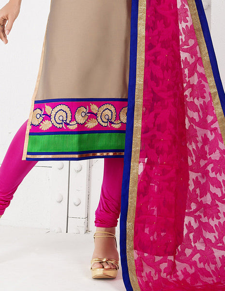 Beige N Pink Colored Chanderi Cotton Readymade Suit