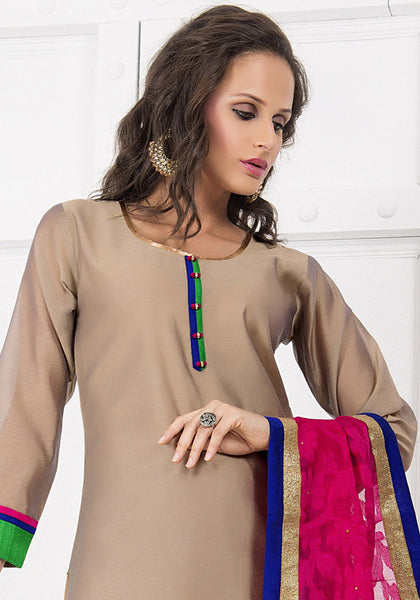 Beige N Pink Colored Chanderi Cotton Readymade Suit