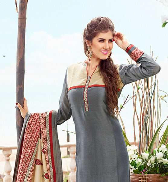 Adorable Grey Chanderi Cotton Silk Designer Salwar kameez