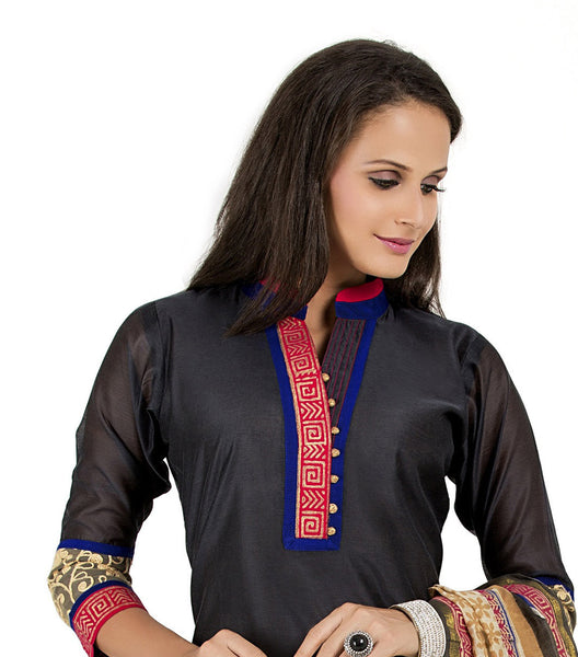 Black N Fuchsia Colored Chanderi Cotton Readymade Suit