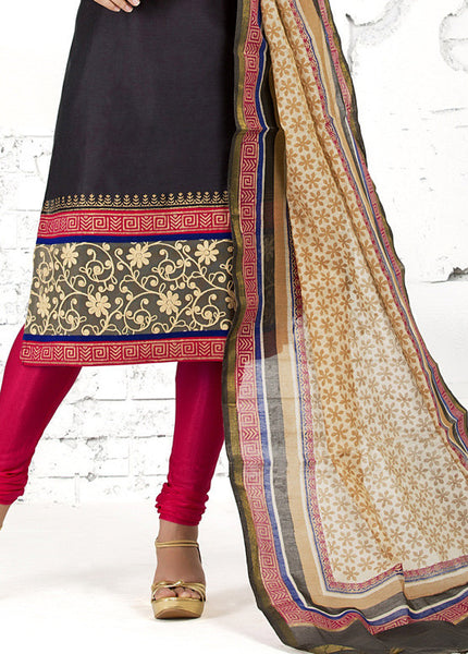 Black N Fuchsia Colored Chanderi Cotton Readymade Suit