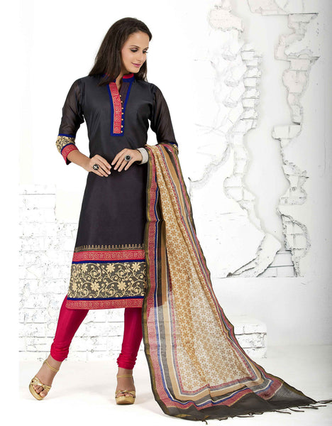 Black N Fuchsia Colored Chanderi Cotton Readymade Suit