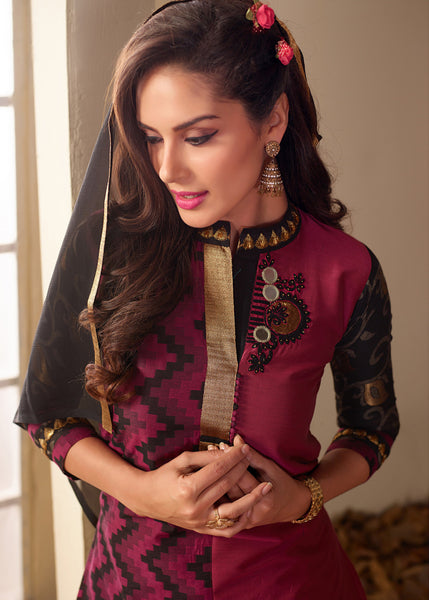 Raspberry Pink And Black Readymade Salwar Suit