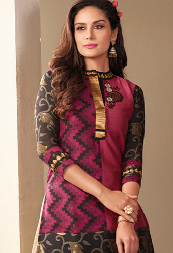 Raspberry Pink And Black Readymade Salwar Suit
