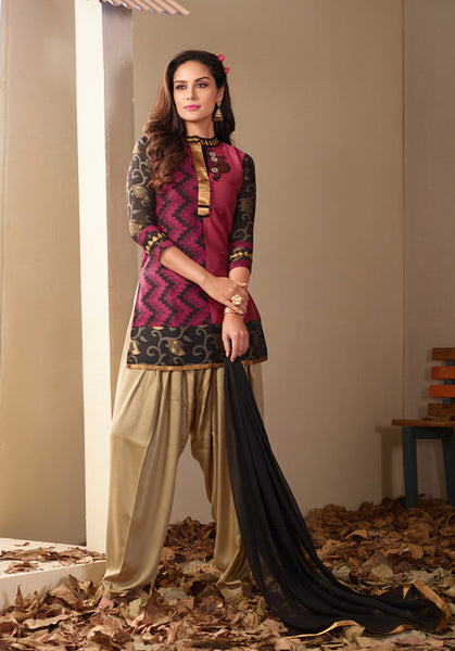 Raspberry Pink And Black Readymade Salwar Suit