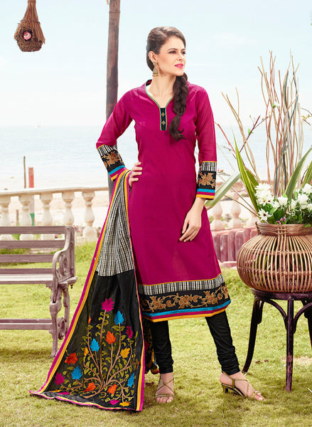 Magenta and Black Chanderi Cotton Straight Cut Suit