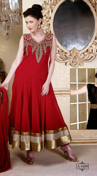 Red embroidered Georgette stitched salwar with dupatta