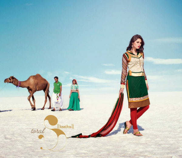 Green embroidered Silk Cotton stitched salwar with dupatta