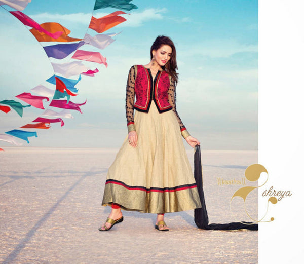 Beige embroidered Silk stitched salwar with dupatta